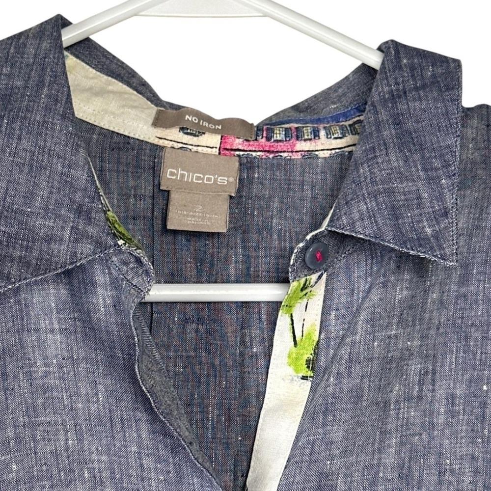 Chicos Blue Linen No Iron Button Down Shirt 3/4 Sleeve Size 2 12/14 - Picture 4 of 6